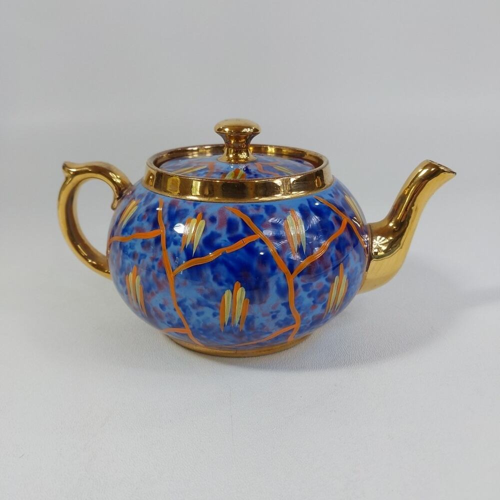 Gibsons Made in‎ England Blue Orange Yellow Teapot Gold Luster